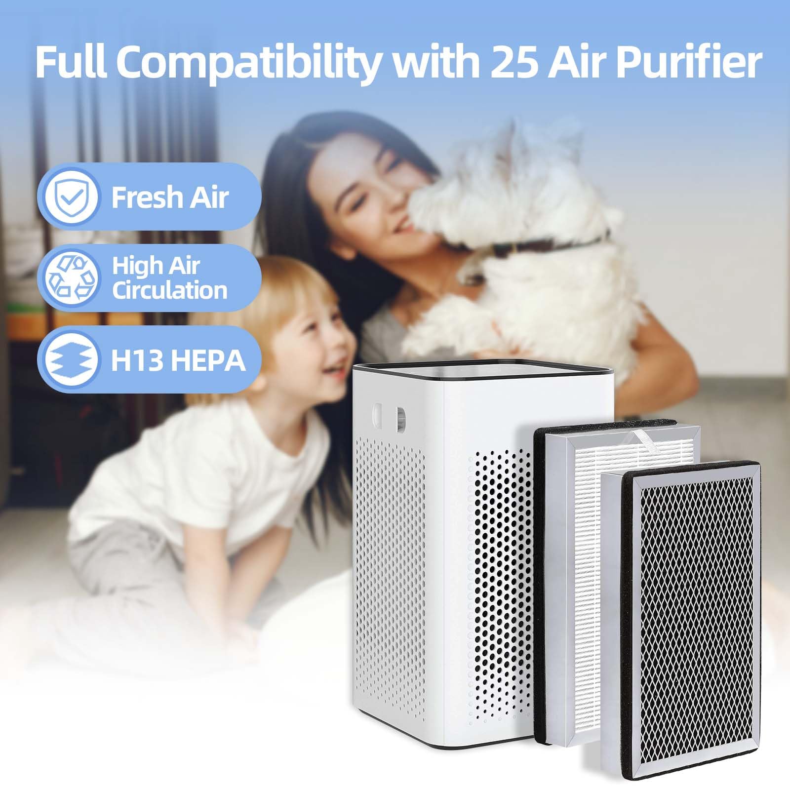 25 Replacement Filter Compatible with Model Air 25 Air Purifier S1/W1/B1, 3-in-1 H13 True HEPA Filter and Activated Carbon House Air Filters- 4 pcs Filters