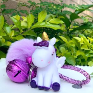 Tonsamvo Cute Pom Pom Keychian with Fur Ball Small Bell Keyring for Women Bag Purse Car Decoration (Purple-M-Bells)