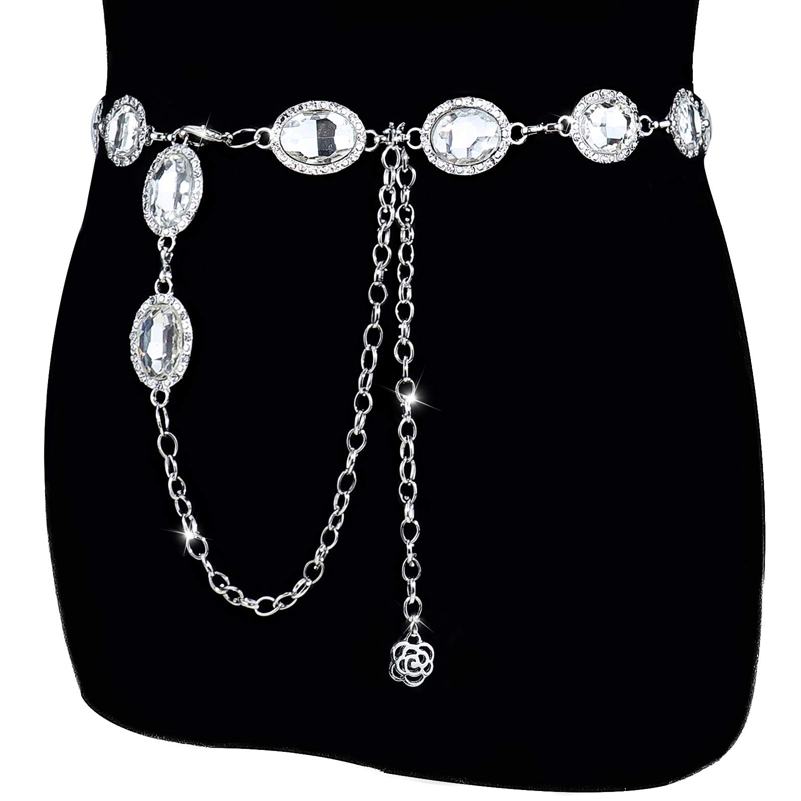 YooAi Chain Belt for Women Metal Waist Round Crystal Body Chain for Dress Silver 105cm