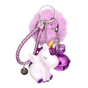 tonsamvo cute pom pom keychian with fur ball small bell keyring for women bag purse car decoration (purple-m-bells)