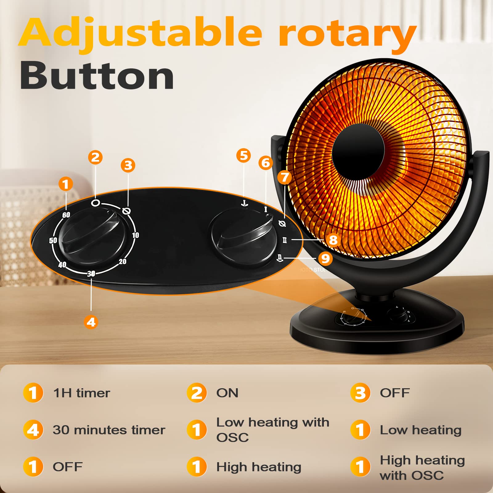 Antarctic Star Space Heater, Portable Heater Electric Ceramic Small Heater Indoor Use Oscillating Radiant Dish Heater Overheat Protection Quiet with Adjustable Tilt for Home or Office, 800W Black