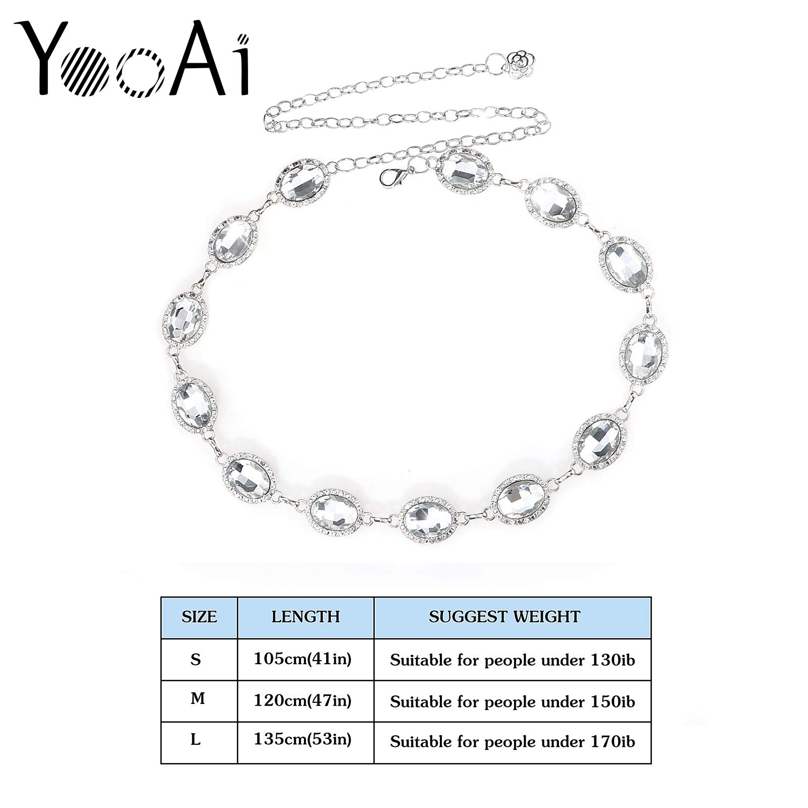 YooAi Chain Belt for Women Metal Waist Round Crystal Body Chain for Dress Silver 105cm