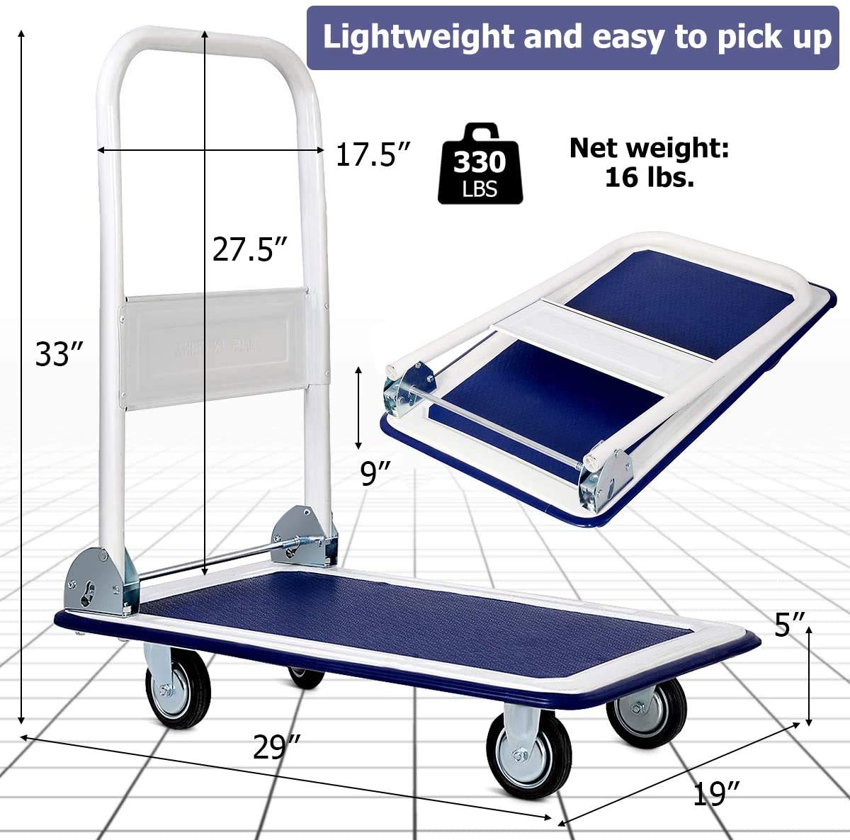 Folding Platform Truck, Hand Push Cart, Warehouse Rolling Flatbed Dolly with Swivel Wheels, 330 LBS Load Capacity, Ideal for Home, Auto, Office Use