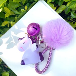 Tonsamvo Cute Pom Pom Keychian with Fur Ball Small Bell Keyring for Women Bag Purse Car Decoration (Purple-M-Bells)