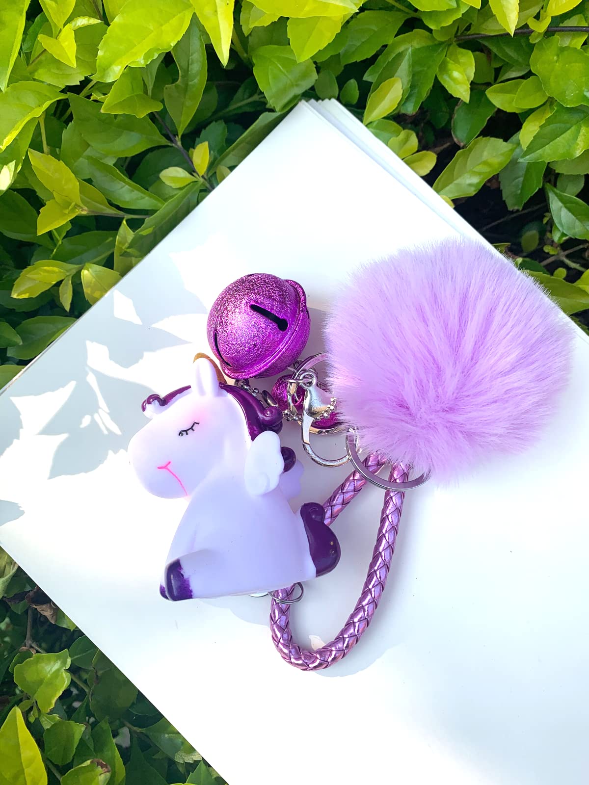 Tonsamvo Cute Pom Pom Keychian with Fur Ball Small Bell Keyring for Women Bag Purse Car Decoration (Purple-M-Bells)