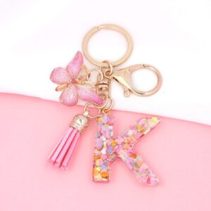 OKAICEN Fashion Alphabet Initial Letter Keychain Tassel Butterfly Pendant Key Ring for Purse Handbags Women Girl ('K')