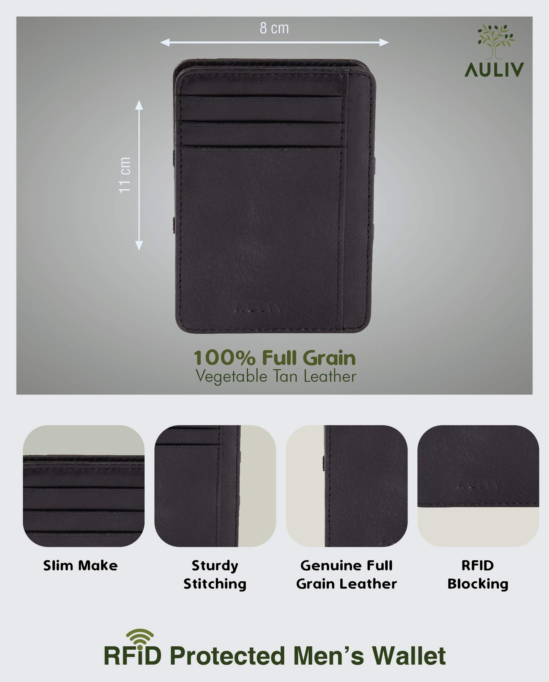 AULIV Card Holder Leather Magic Wallet RFID Blocking Slim Minimalist Front Pocket Credit Card Case for Men Women (Black)