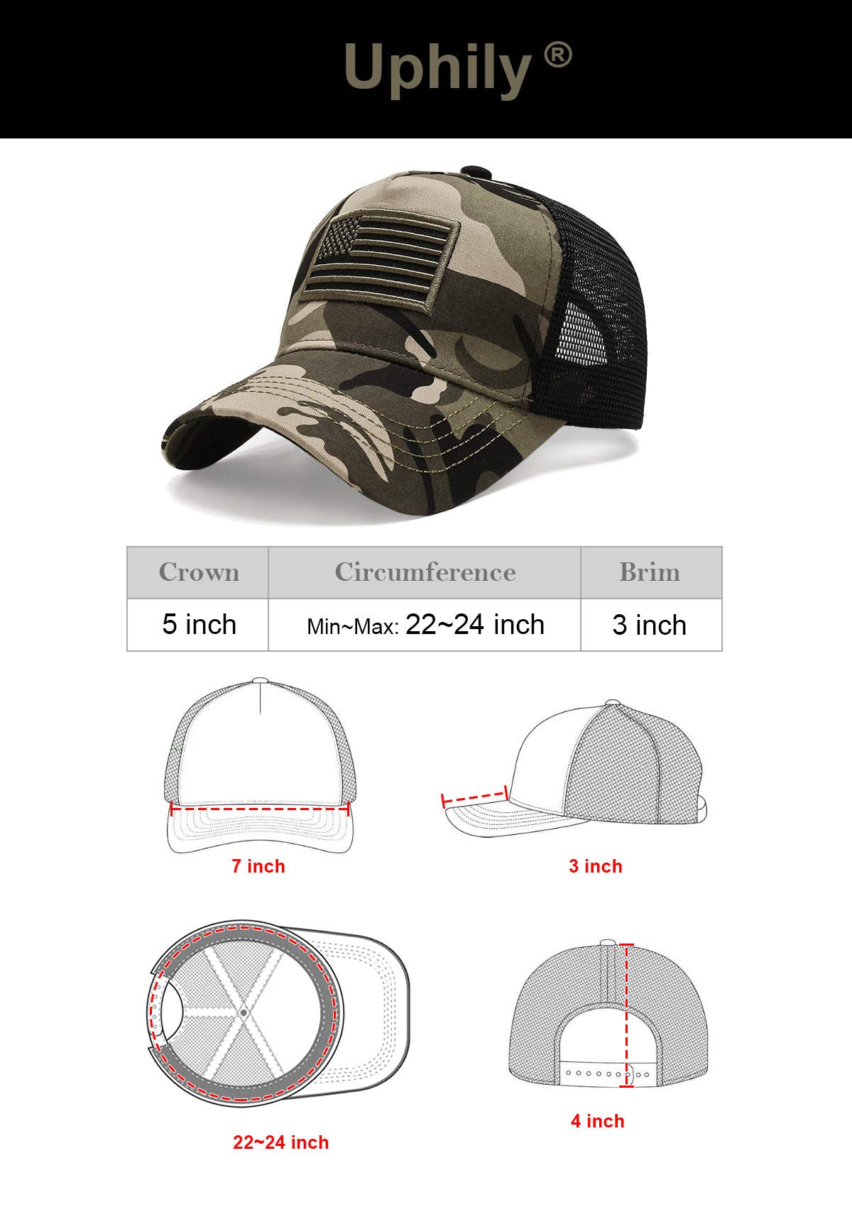 Uphily Army Camo US American Flag Trucker Cap - Camouflage Mid Profile Curved Bill Patriotic Mesh Dad Hat for Men or Women