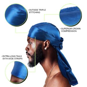 4PCS Silky Satin Durags for Men Women Waves, with 1 Wave Cap, Extra Long Tails (Red, Blue, Black, White)