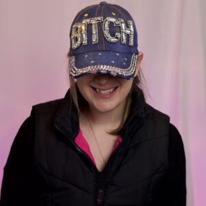 Popfizzy Bling Bitch Hat for Women Rhinestone Hat, Bedazzled Baseball Caps, Distressed Hat, Sparkle Studded Denim Ball Caps (Bitch)