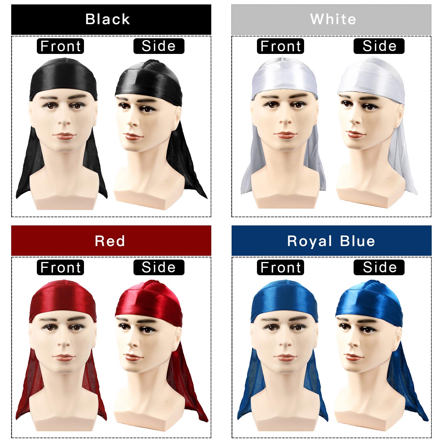 4PCS Silky Satin Durags for Men Women Waves, with 1 Wave Cap, Extra Long Tails (Red, Blue, Black, White)