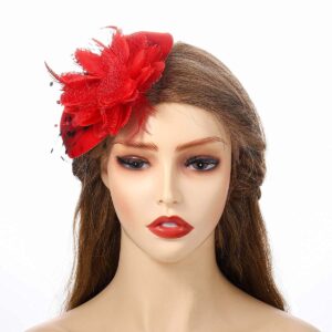 Vintage Fascinators Hats 50s Flower Feather Dress Hat Tea Party Cocktail Veil Pillbox Headwear with Clips for Women (Red)