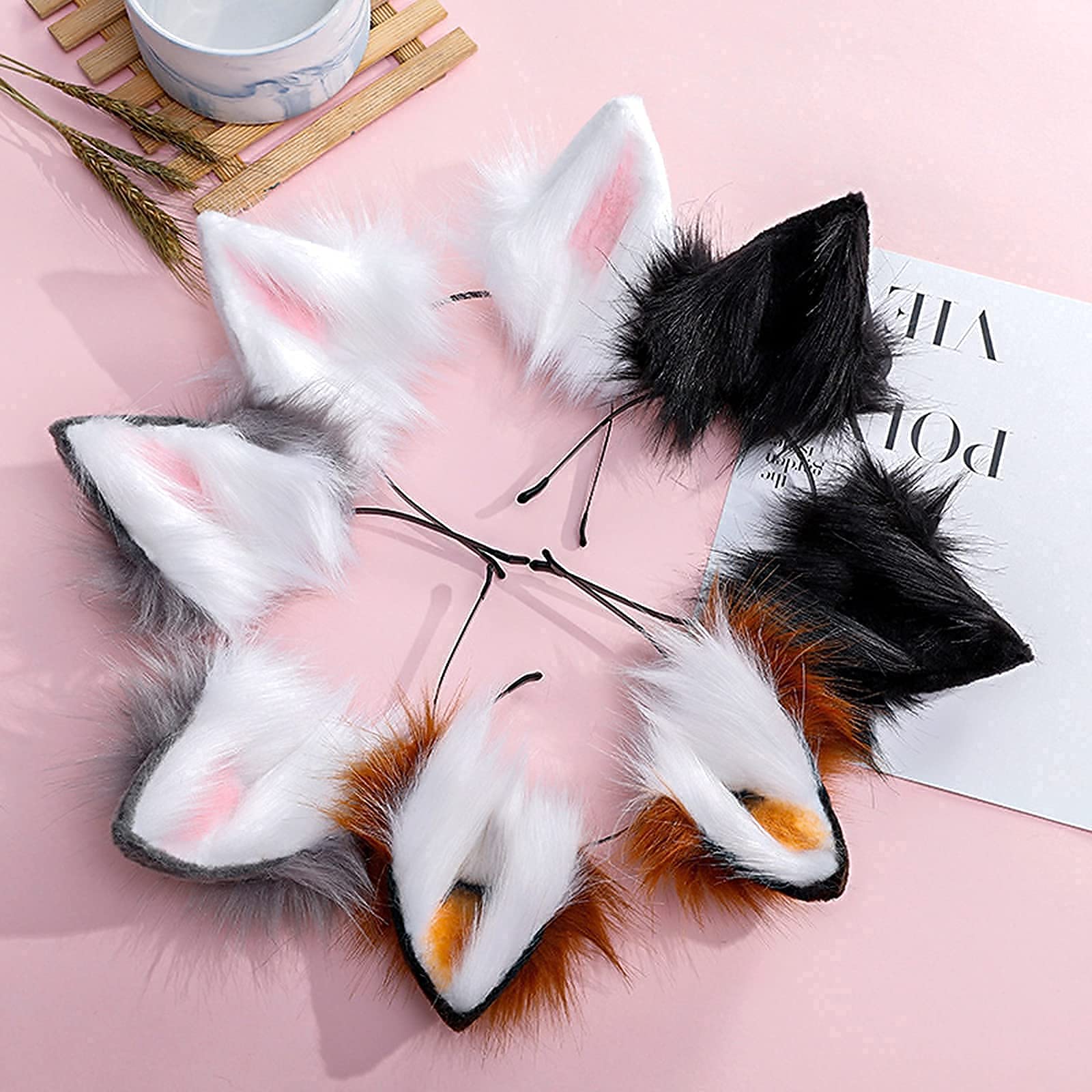 HAOAN Handmade Faux Fur Fox Wolf Ears Headband Halloween Christmas Cosplay Party Costume Accessories