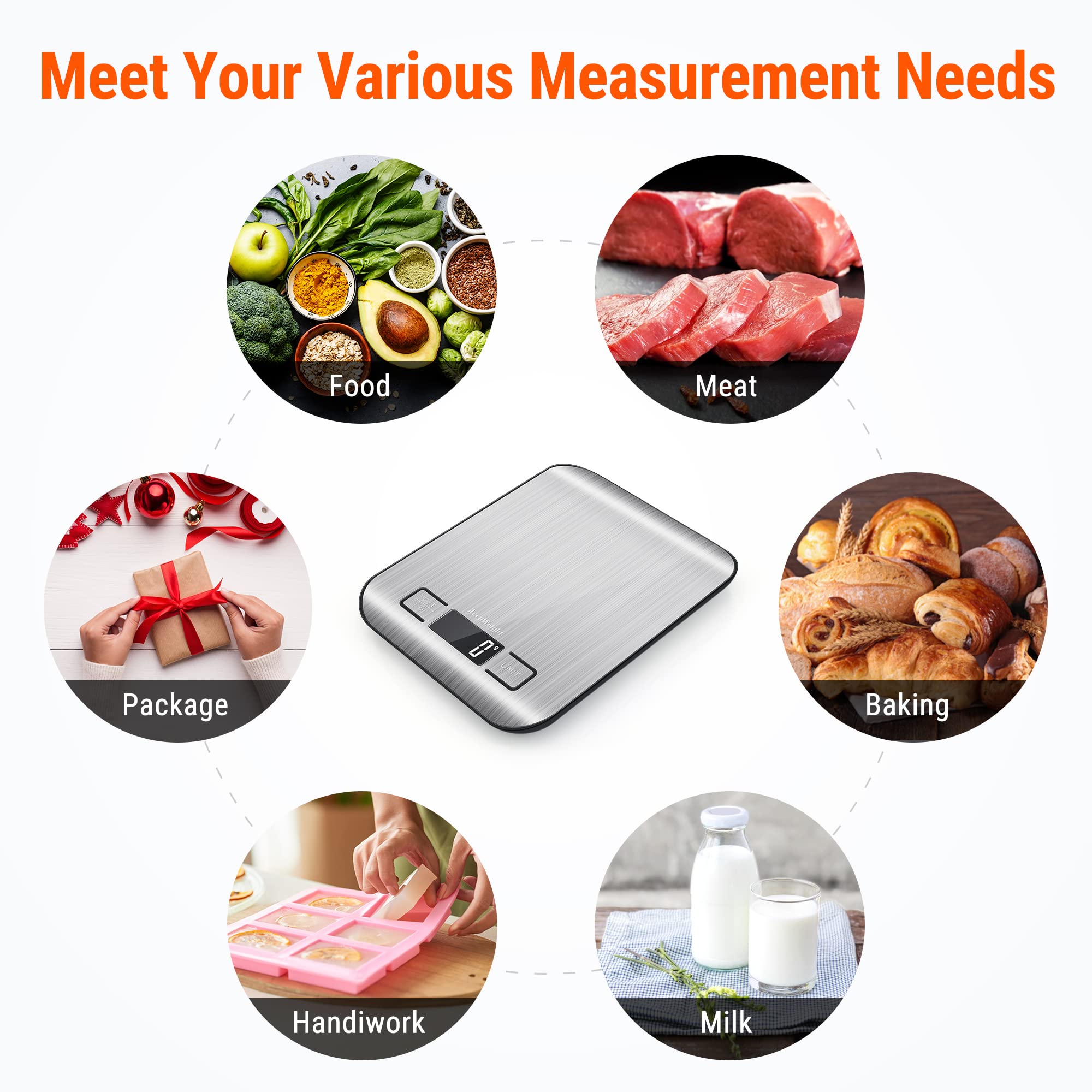 AccuWeight 211 Digital Kitchen Food Scale for Cooking Baking Coffee Scale 5000g by 1g with Tare and LCD Display Food Weight Scale, 8.11×6.42×1.18" Silvery