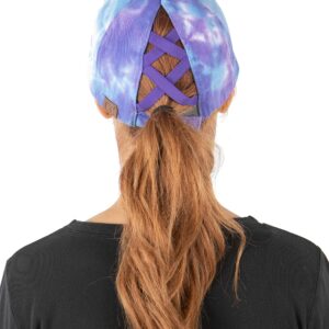 Funky Junque Criss Cross Hat Womens Baseball Cap Distressed Ponytail Messy Bun Trucker Ponycap (1 Tie Dye - Purple Mix)