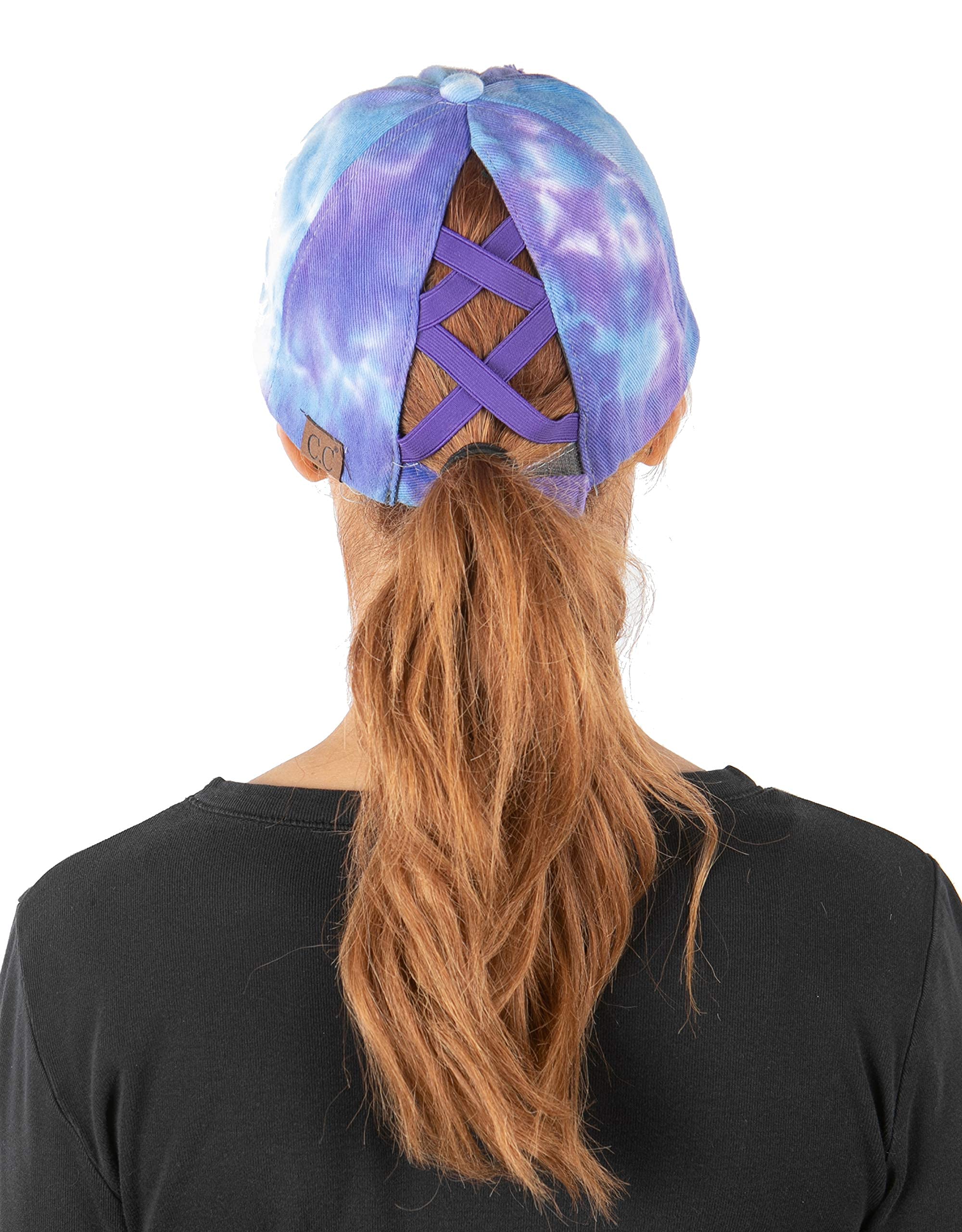 Funky Junque Criss Cross Hat Womens Baseball Cap Distressed Ponytail Messy Bun Trucker Ponycap (1 Tie Dye - Purple Mix)