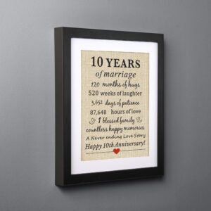 Corfara Framed 10th Wedding Anniversary Burlap Gift 11" W X 13" H, Couples 10th Anniversary 10 Years of Marriage Gift for Wife 10th Wedding Anniversary Keepsake Gift for Husband Wife Him Her