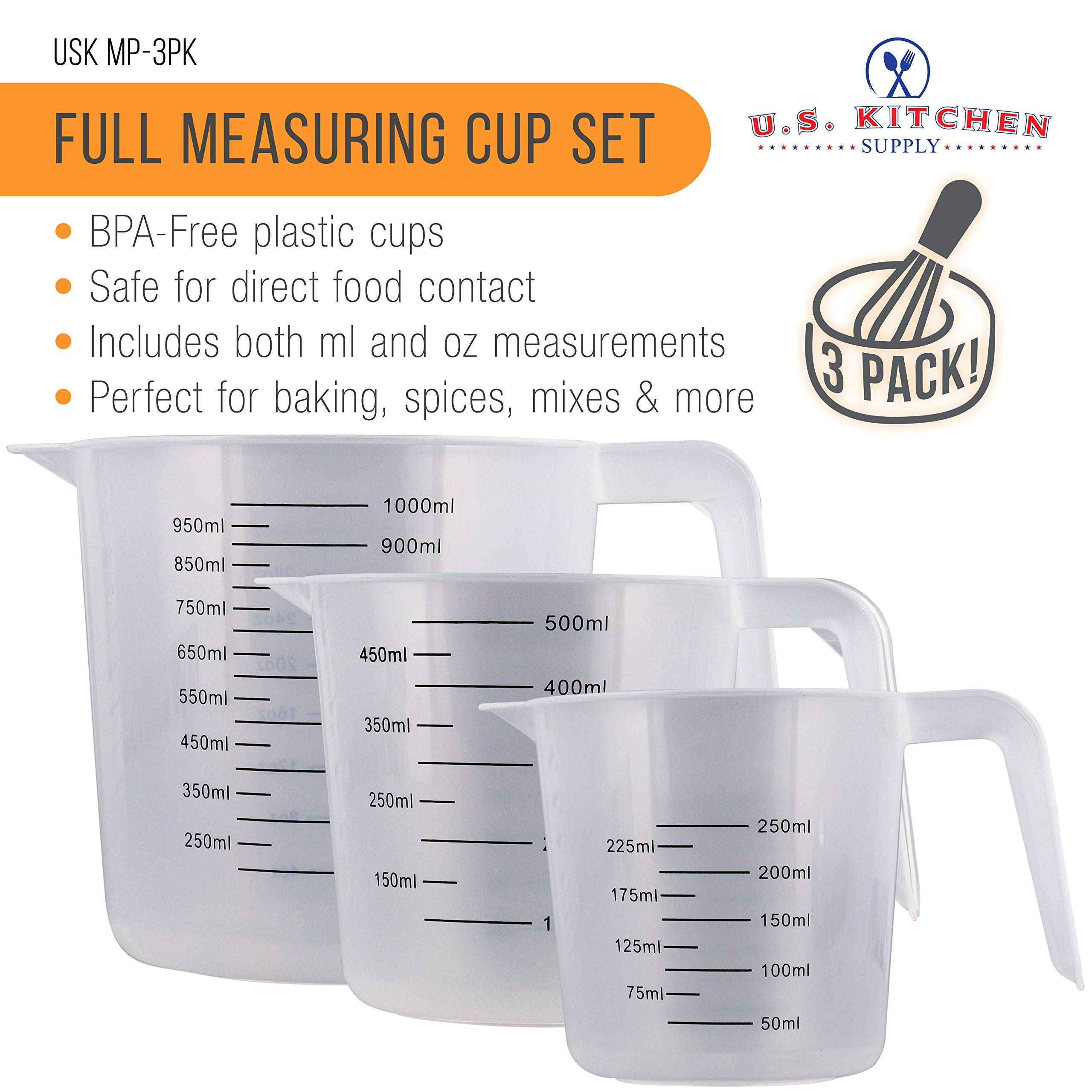 U.S. Kitchen Supply - Set of 3 Plastic Graduated Measuring Cups with Pitcher Handles - 1, 2 and 4 Cup Capacity, Ounce and ML Cup Markings - Measure & Mix Recipe Ingredients, Flour, Water, Oil, Batter