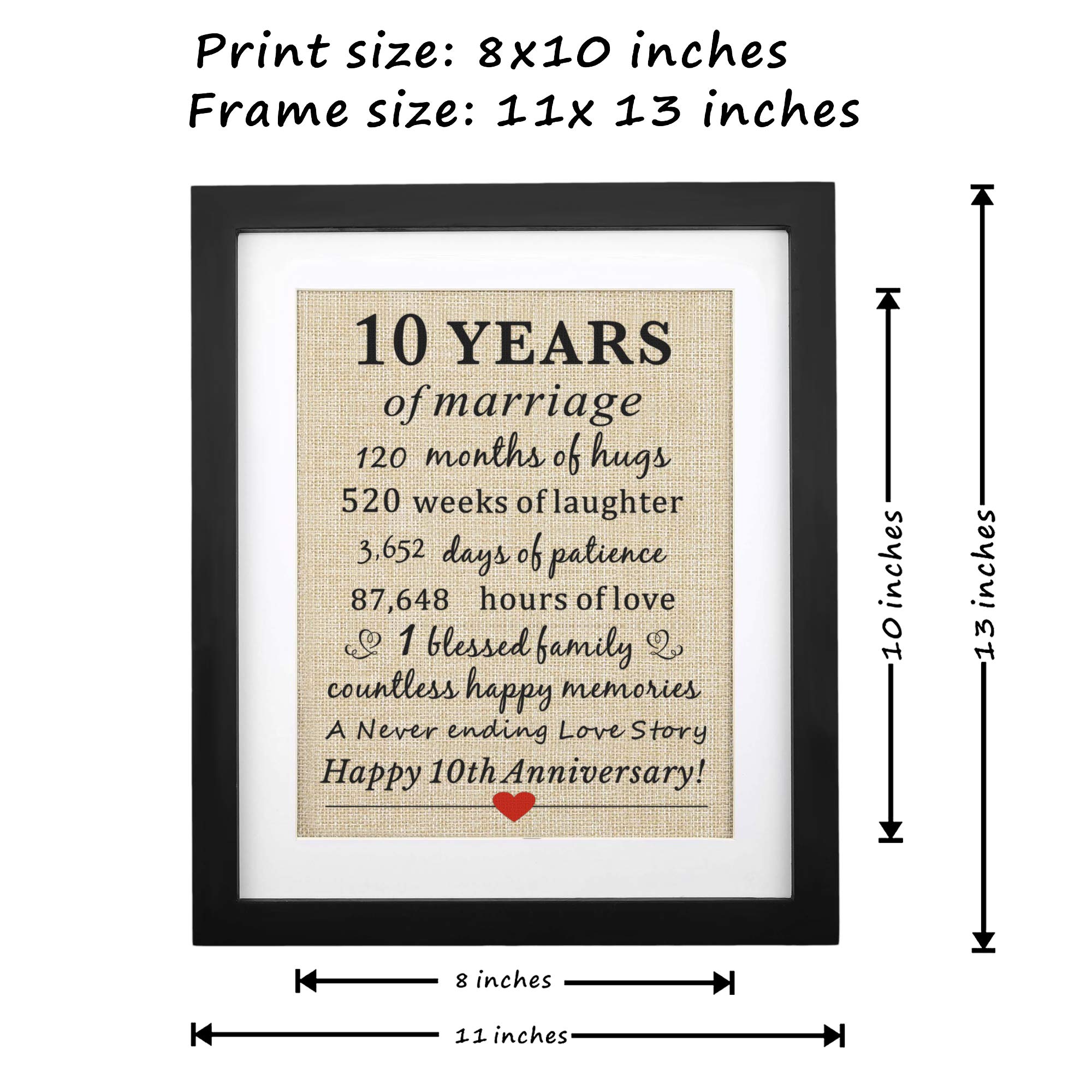 Corfara Framed 10th Wedding Anniversary Burlap Gift 11" W X 13" H, Couples 10th Anniversary 10 Years of Marriage Gift for Wife 10th Wedding Anniversary Keepsake Gift for Husband Wife Him Her