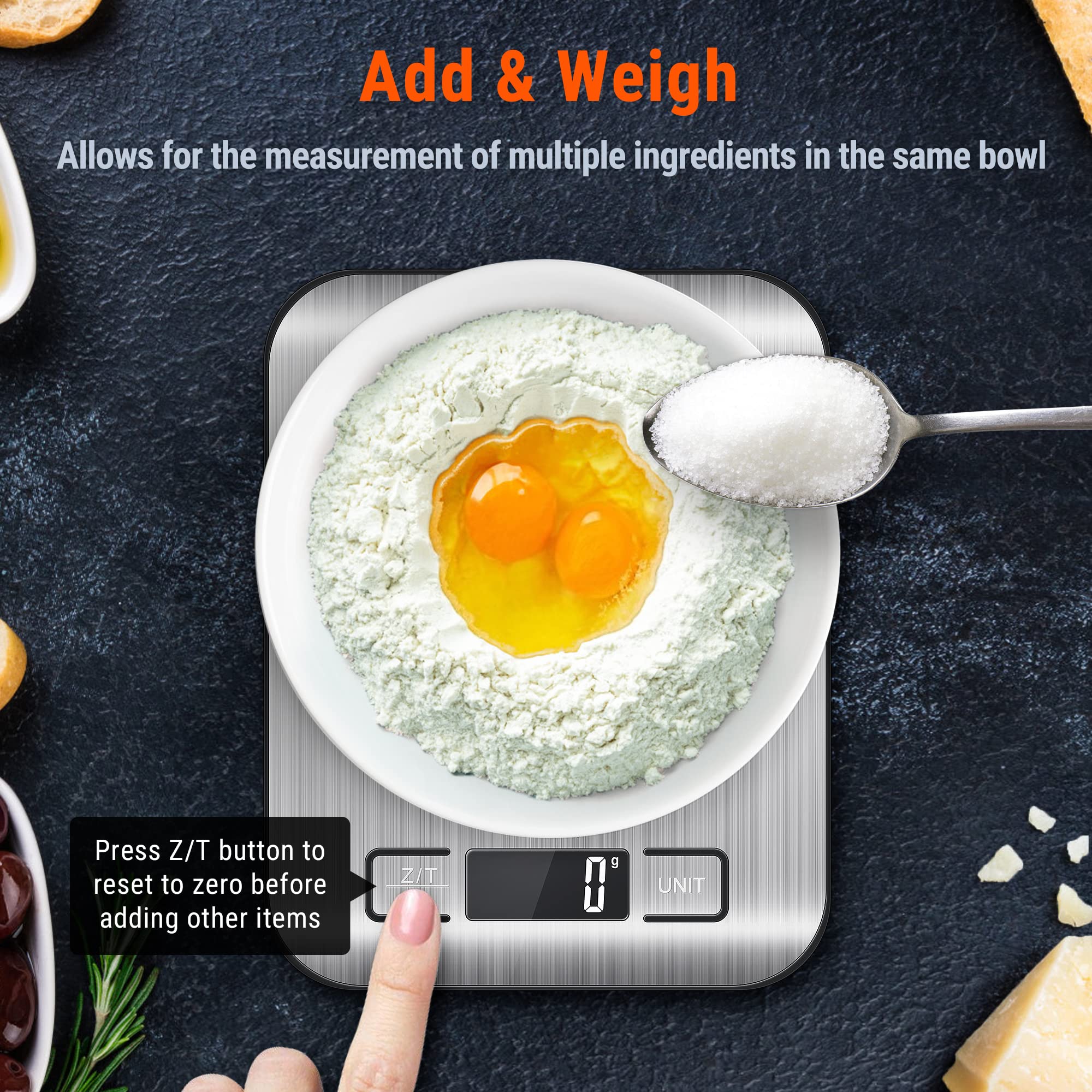 AccuWeight 211 Digital Kitchen Food Scale for Cooking Baking Coffee Scale 5000g by 1g with Tare and LCD Display Food Weight Scale, 8.11×6.42×1.18" Silvery