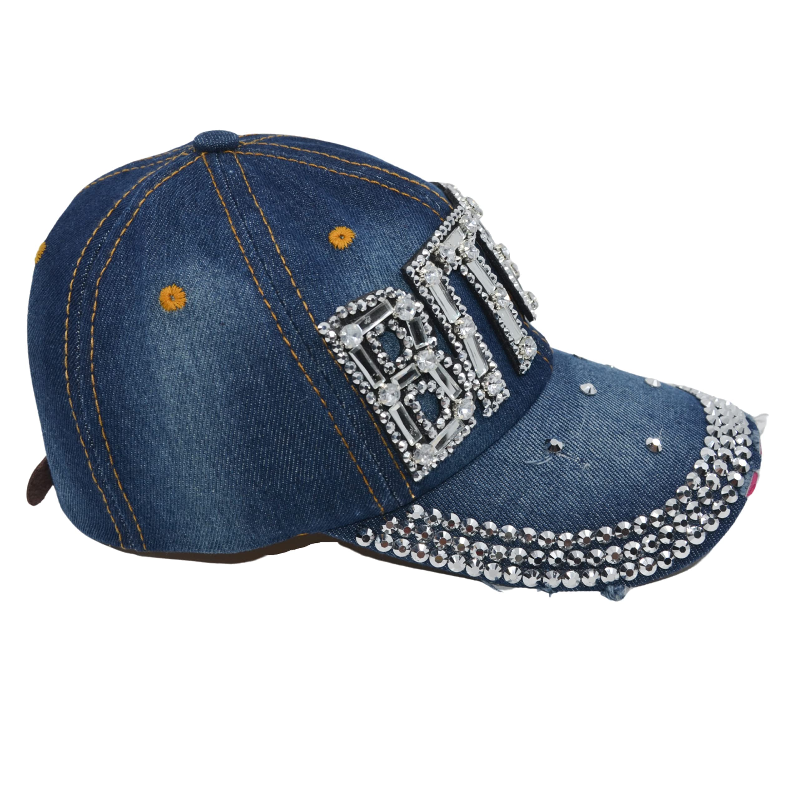 Popfizzy Bling Bitch Hat for Women Rhinestone Hat, Bedazzled Baseball Caps, Distressed Hat, Sparkle Studded Denim Ball Caps (Bitch)