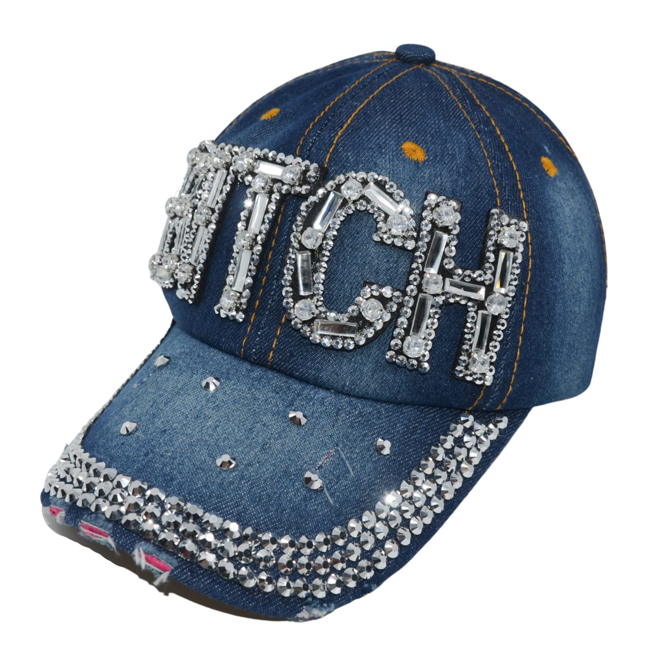 Popfizzy Bling Bitch Hat for Women Rhinestone Hat, Bedazzled Baseball Caps, Distressed Hat, Sparkle Studded Denim Ball Caps (Bitch)