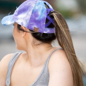 Funky Junque Criss Cross Hat Womens Baseball Cap Distressed Ponytail Messy Bun Trucker Ponycap (1 Tie Dye - Purple Mix)