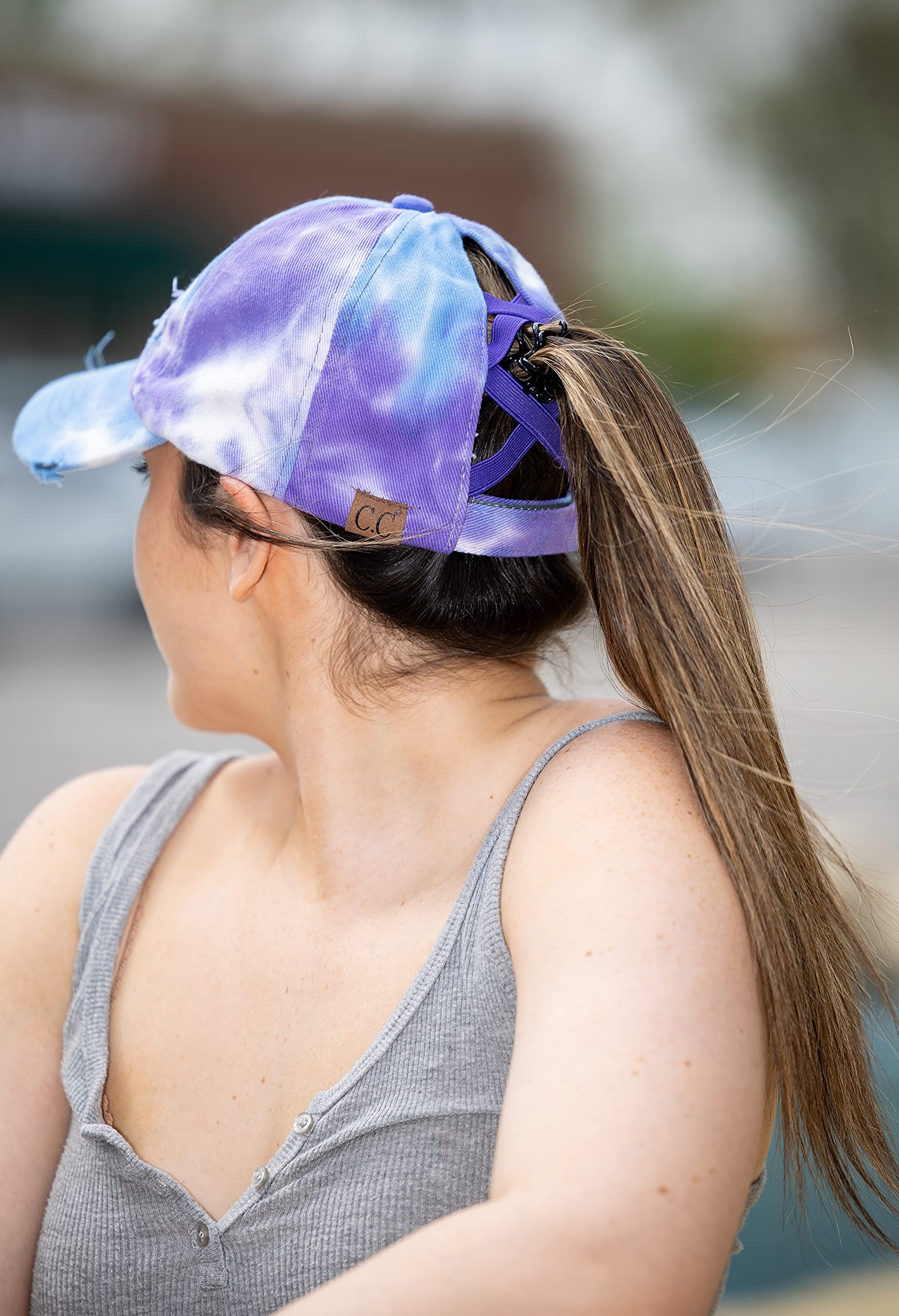 Funky Junque Criss Cross Hat Womens Baseball Cap Distressed Ponytail Messy Bun Trucker Ponycap (1 Tie Dye - Purple Mix)