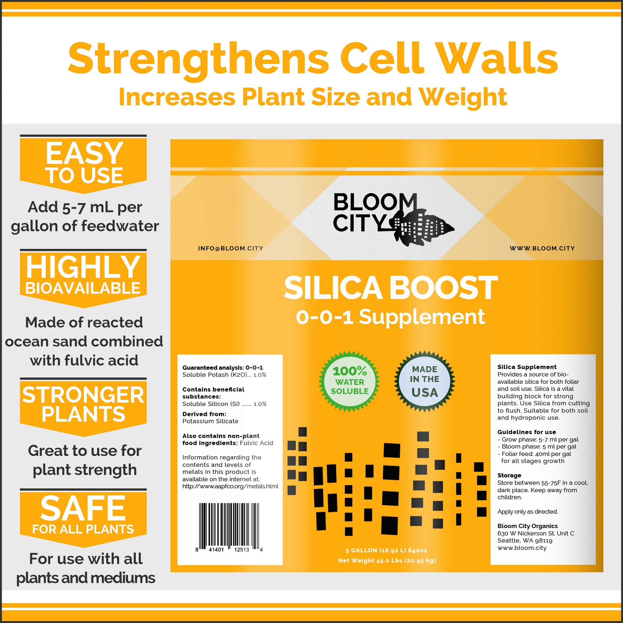 Liquid Silica Boost Fertilizer and Supplement by Bloom City, 1/2 Pint (8 oz) Concentrated Makes 45 Gallons