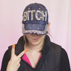 Popfizzy Bling Bitch Hat for Women Rhinestone Hat, Bedazzled Baseball Caps, Distressed Hat, Sparkle Studded Denim Ball Caps (Bitch)