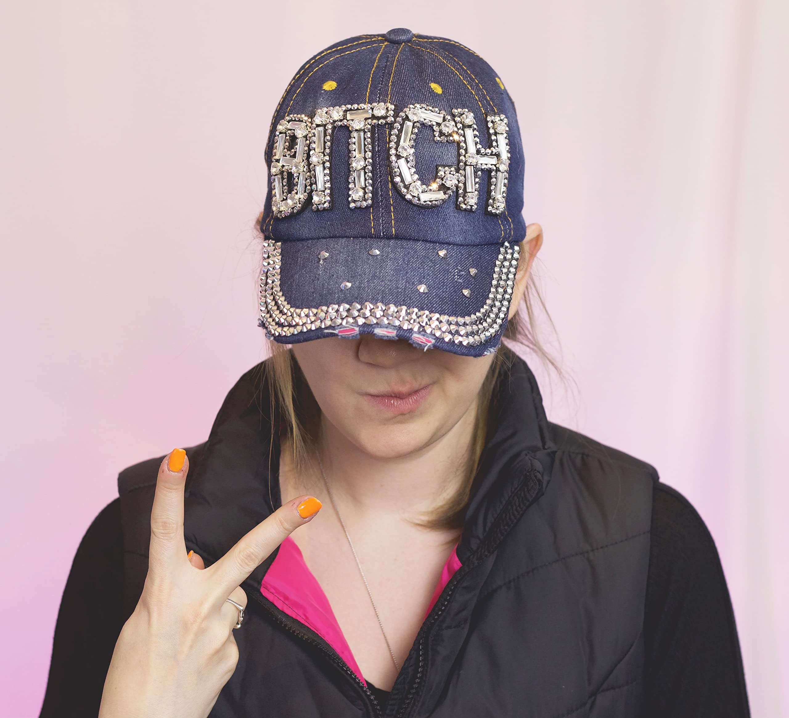 Popfizzy Bling Bitch Hat for Women Rhinestone Hat, Bedazzled Baseball Caps, Distressed Hat, Sparkle Studded Denim Ball Caps (Bitch)