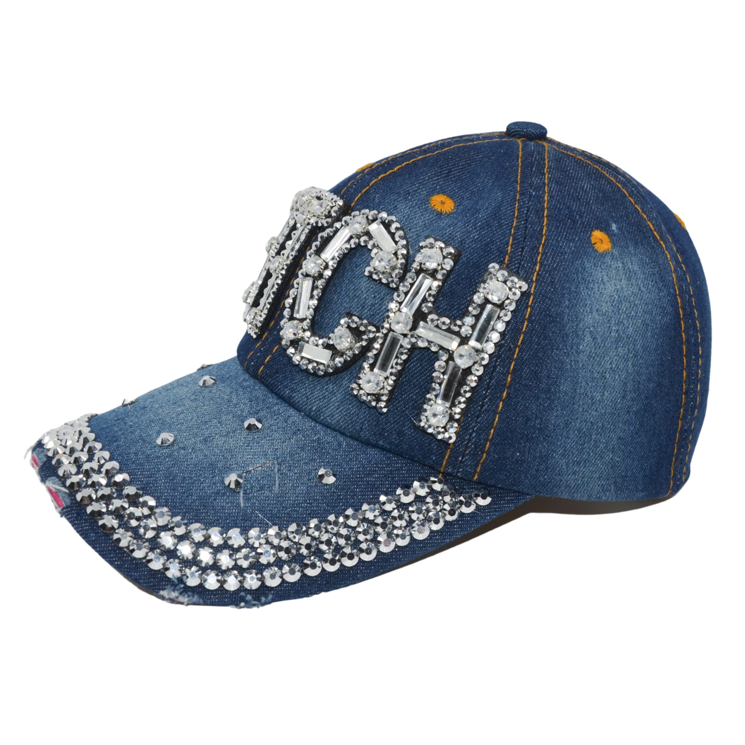 Popfizzy Bling Bitch Hat for Women Rhinestone Hat, Bedazzled Baseball Caps, Distressed Hat, Sparkle Studded Denim Ball Caps (Bitch)