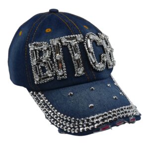 Popfizzy Bling Bitch Hat for Women Rhinestone Hat, Bedazzled Baseball Caps, Distressed Hat, Sparkle Studded Denim Ball Caps (Bitch)