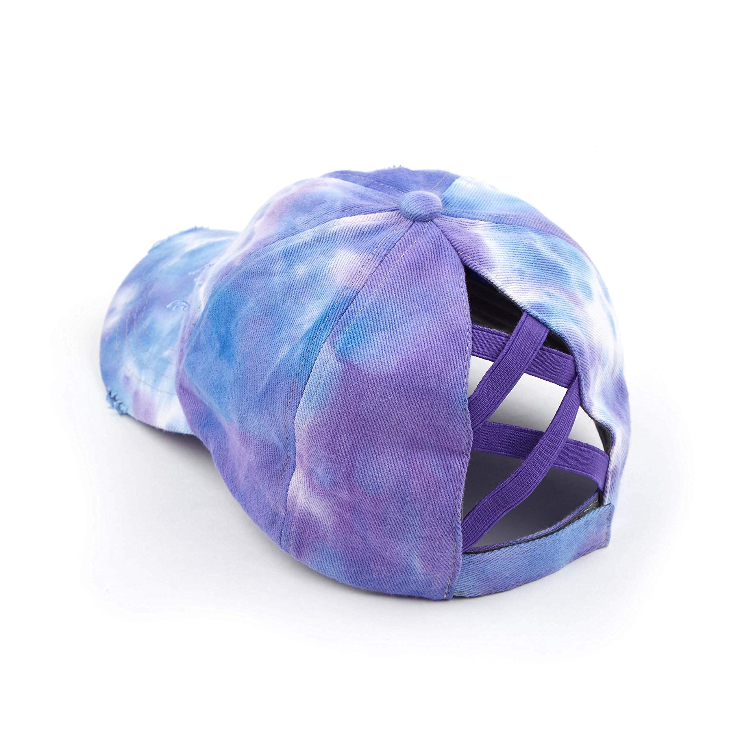 Funky Junque Criss Cross Hat Womens Baseball Cap Distressed Ponytail Messy Bun Trucker Ponycap (1 Tie Dye - Purple Mix)