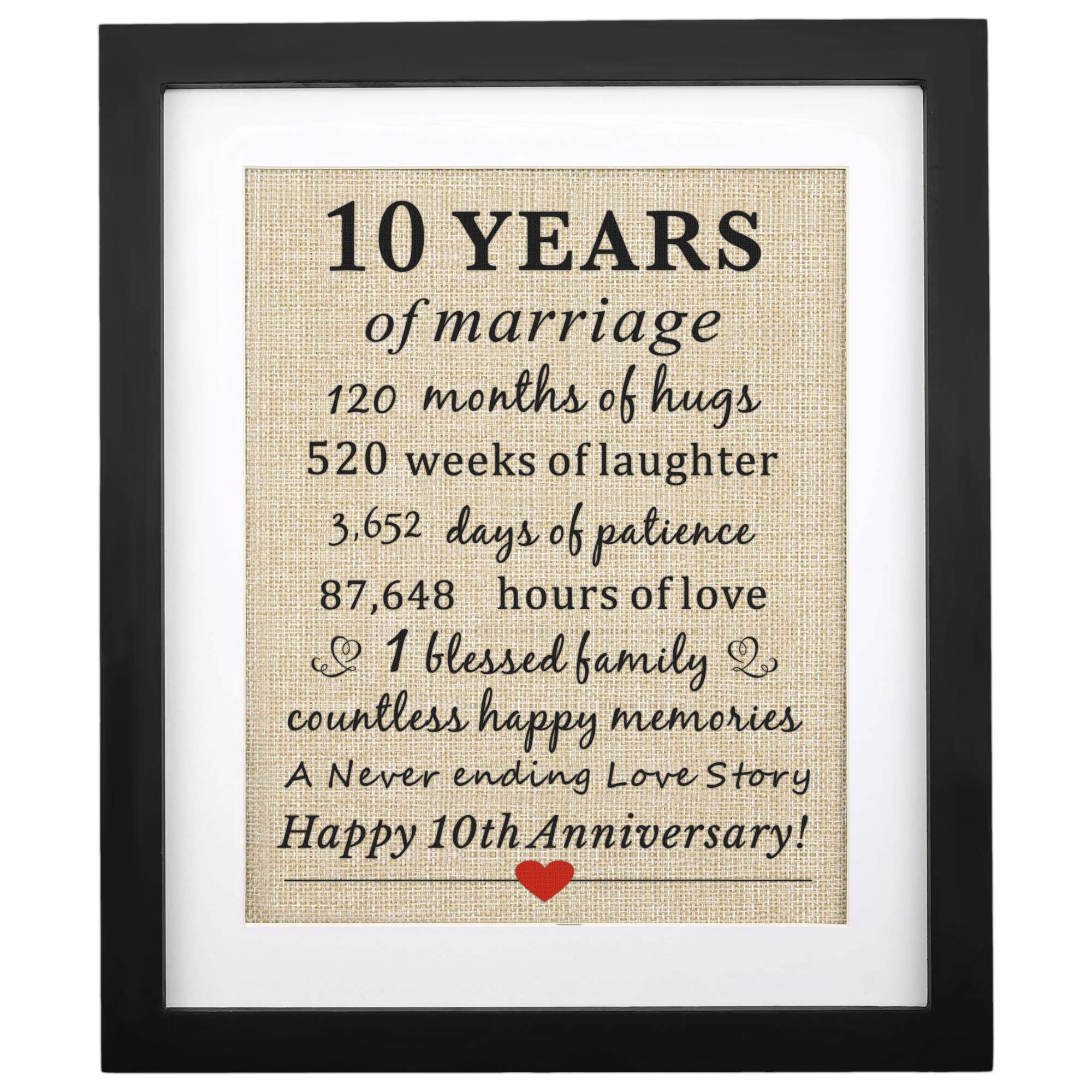 Corfara Framed 10th Wedding Anniversary Burlap Gift 11" W X 13" H, Couples 10th Anniversary 10 Years of Marriage Gift for Wife 10th Wedding Anniversary Keepsake Gift for Husband Wife Him Her