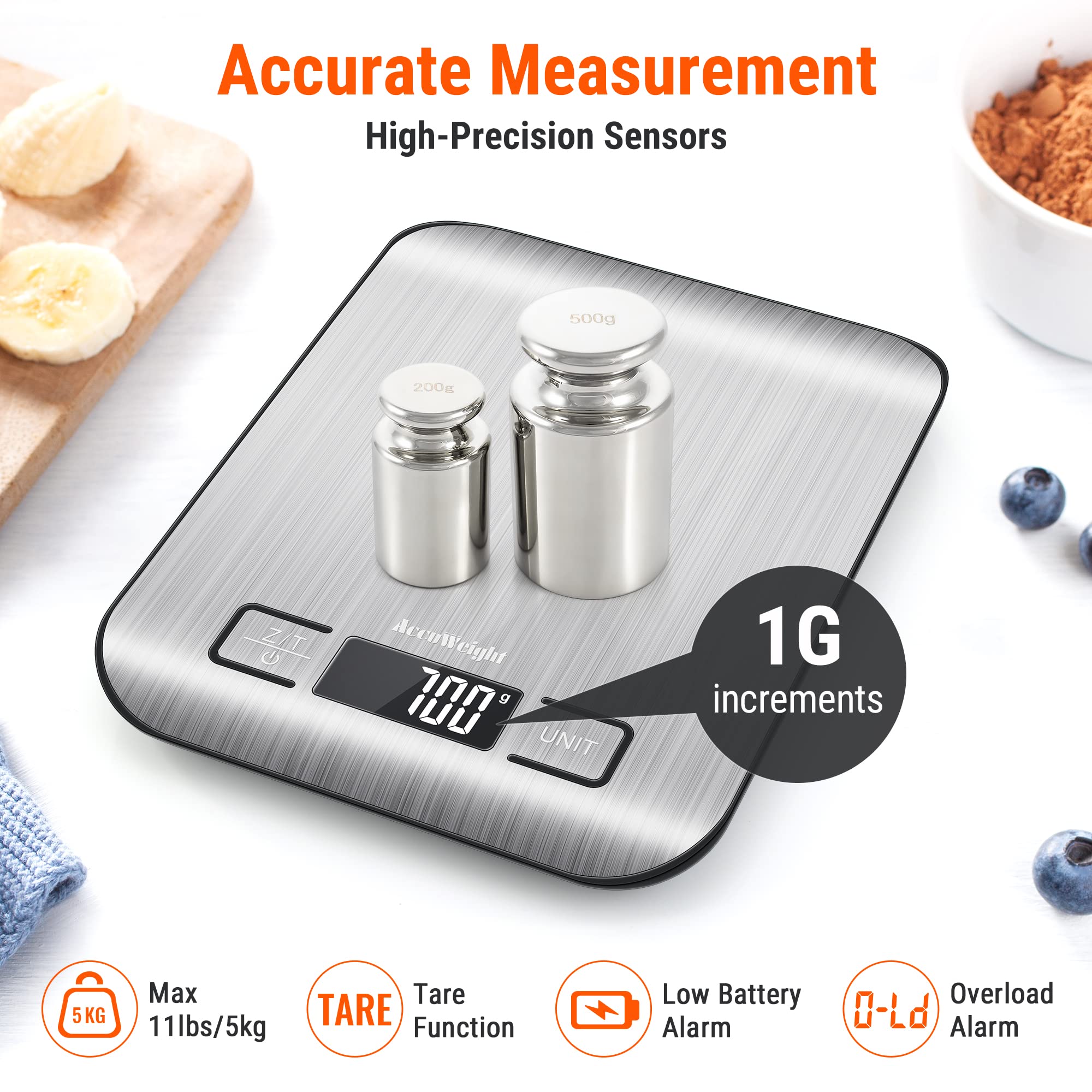 AccuWeight 211 Digital Kitchen Food Scale for Cooking Baking Coffee Scale 5000g by 1g with Tare and LCD Display Food Weight Scale, 8.11×6.42×1.18" Silvery