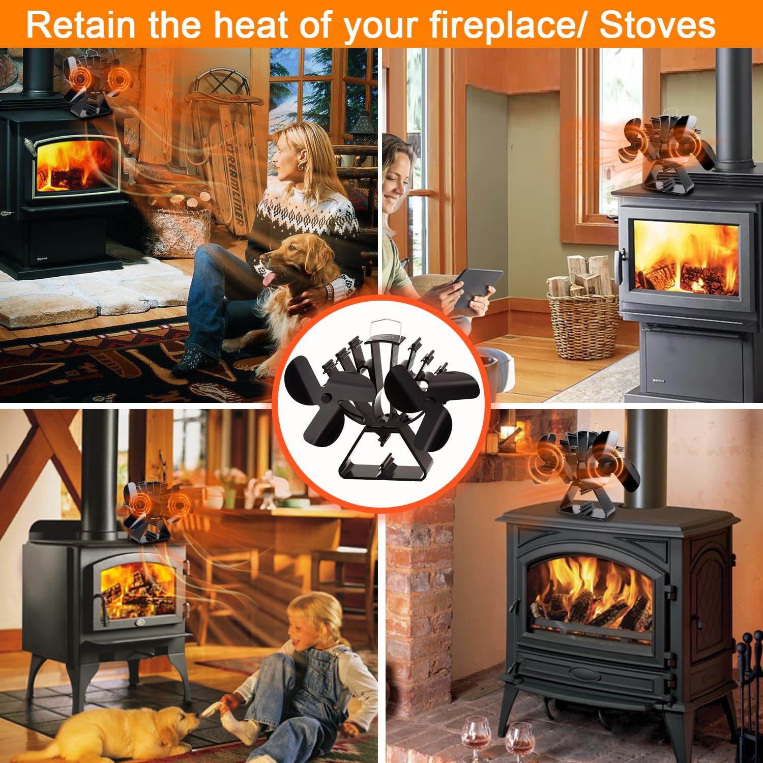 VODA Newly Designed Heat Powered Stove Fan with 2 Motors Larger Air Flow about 360CFM Eco Fan for Wood Burning/Log Burner Fireplace Perfect for Large Rooms