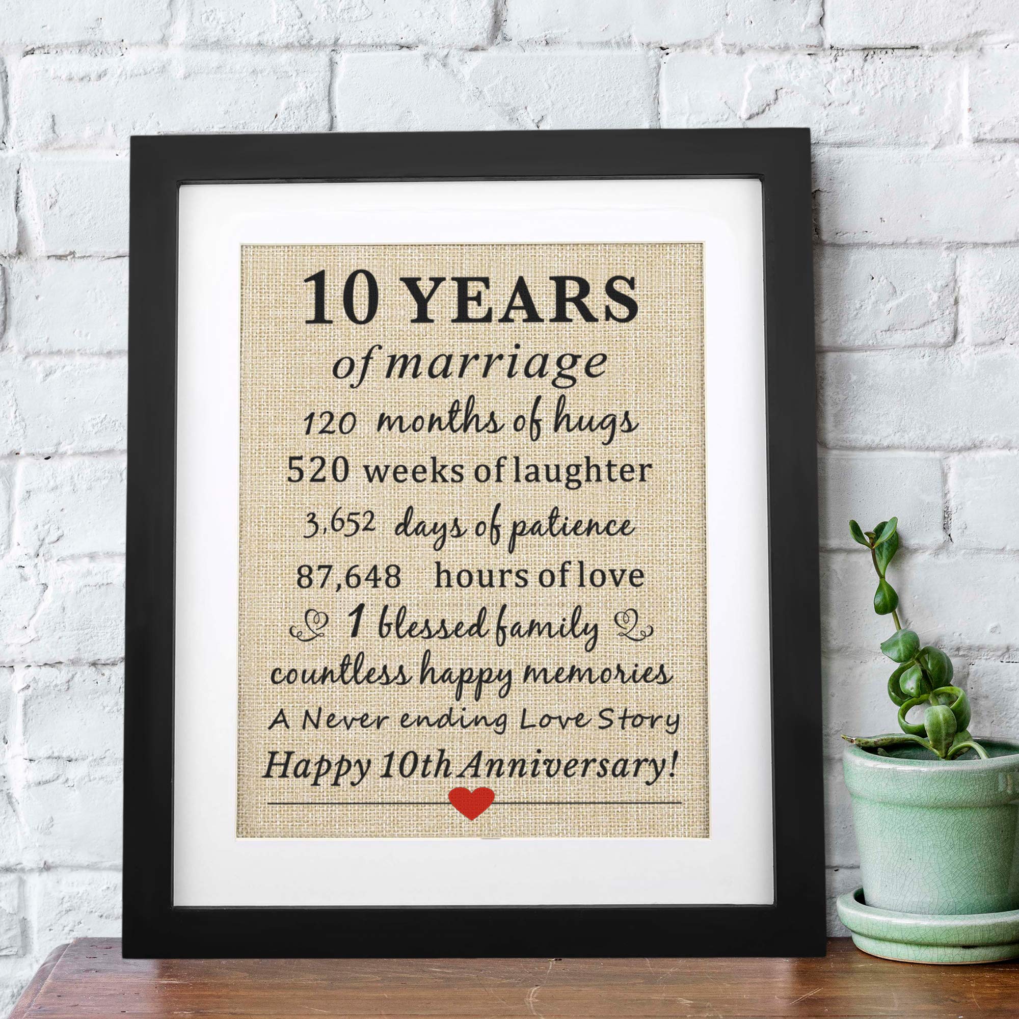 Corfara Framed 10th Wedding Anniversary Burlap Gift 11" W X 13" H, Couples 10th Anniversary 10 Years of Marriage Gift for Wife 10th Wedding Anniversary Keepsake Gift for Husband Wife Him Her