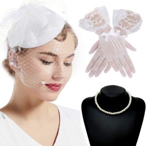 BABEYOND Tea Party Hat and Gloves Set for Women Pillbox Veil Fascinator Hat Lace Gloves Pearl Necklace