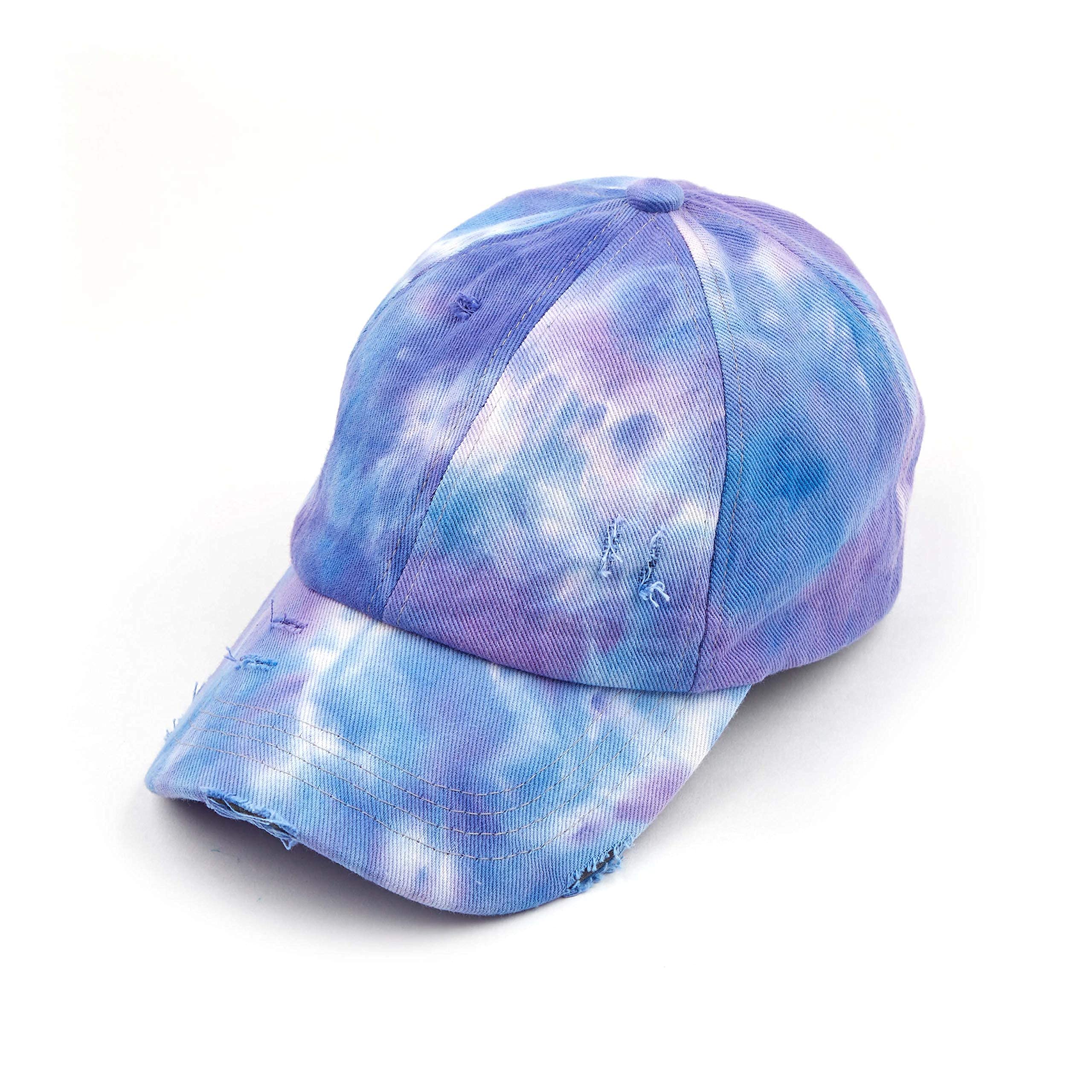 Funky Junque Criss Cross Hat Womens Baseball Cap Distressed Ponytail Messy Bun Trucker Ponycap (1 Tie Dye - Purple Mix)