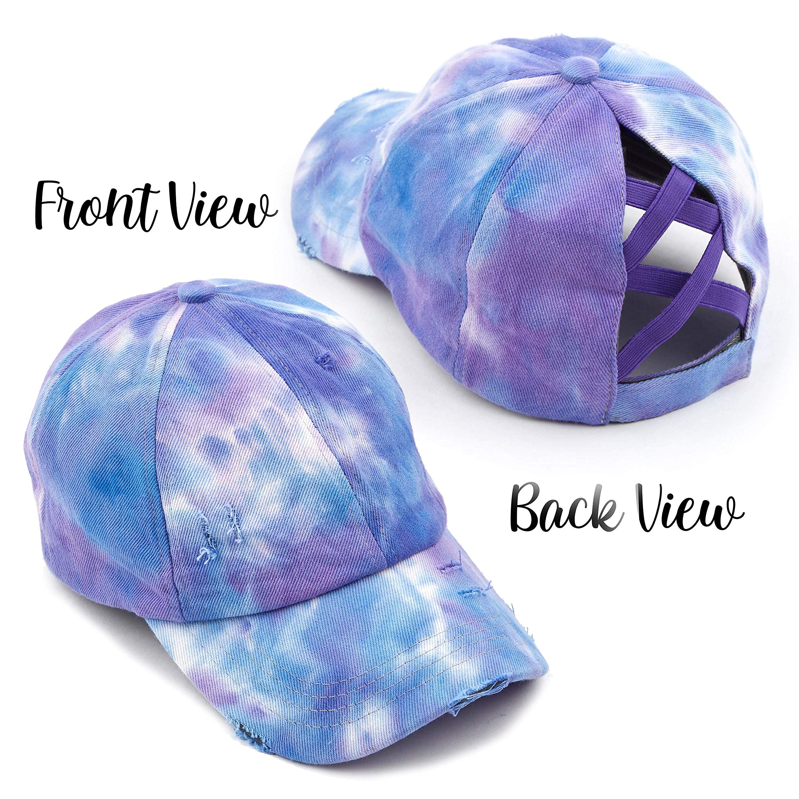 Funky Junque Criss Cross Hat Womens Baseball Cap Distressed Ponytail Messy Bun Trucker Ponycap (1 Tie Dye - Purple Mix)