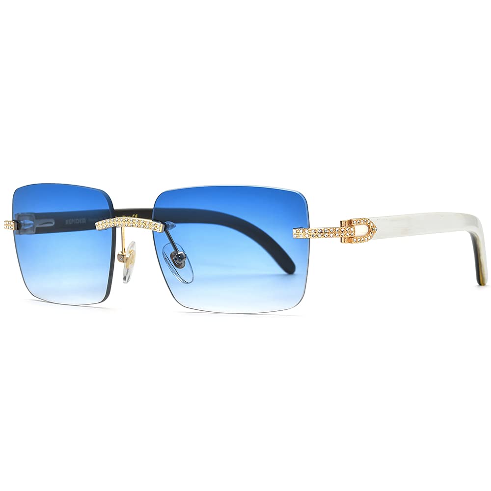 HEPIDEM 100% Really Buffalo Horn Sunglasses for Men Rimless Square Diamonds Buffs Sun Glasses 0015 (Diamond Black Blue)