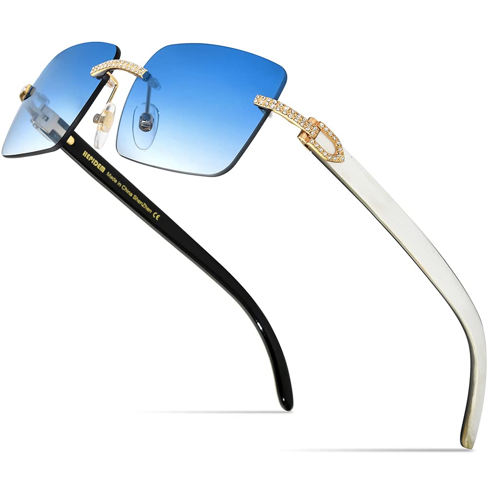 HEPIDEM 100% Really Buffalo Horn Sunglasses for Men Rimless Square Diamonds Buffs Sun Glasses 0015 (Diamond Black Blue)