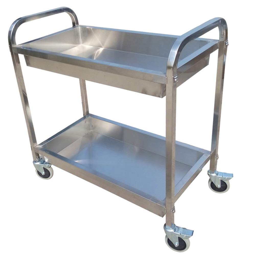 YGCBL Multifunction Serving Portable Hand Trucks,Cart Service Hotel Warehouse 2 Layer Steel Nail Fixing High Temperature Resistance Easy to Push and Pull, 3 Sizes,Kitchen,Silver,85X45X90Cm