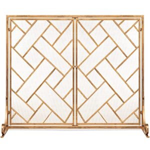 best choice products 44x33in 2-panel handcrafted wrought iron decorative mesh geometric fireplace screen, fire spark guard w/magnetic doors - gold