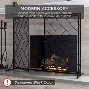 Best Choice Products 44x33in 2-Panel Handcrafted Wrought Iron Decorative Mesh Geometric Fireplace Screen, Fire Spark Guard w/Magnetic Doors - Gold