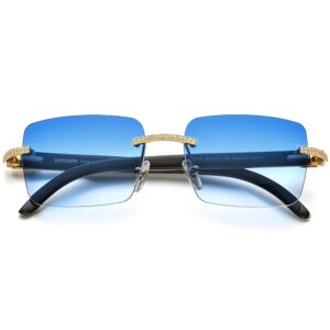 HEPIDEM 100% Really Buffalo Horn Sunglasses for Men Rimless Square Diamonds Buffs Sun Glasses 0015 (Diamond Black Blue)