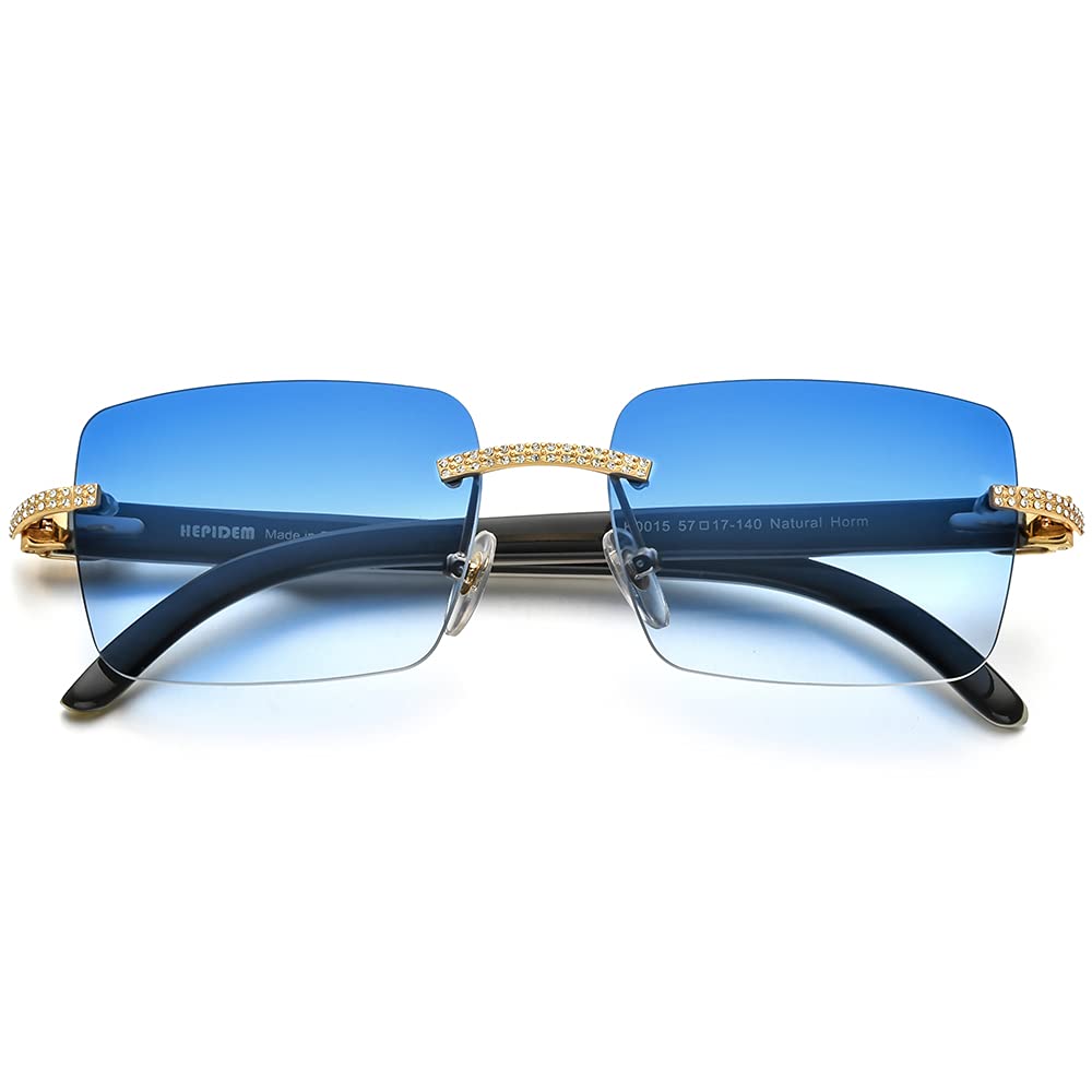 HEPIDEM 100% Really Buffalo Horn Sunglasses for Men Rimless Square Diamonds Buffs Sun Glasses 0015 (Diamond Black Blue)