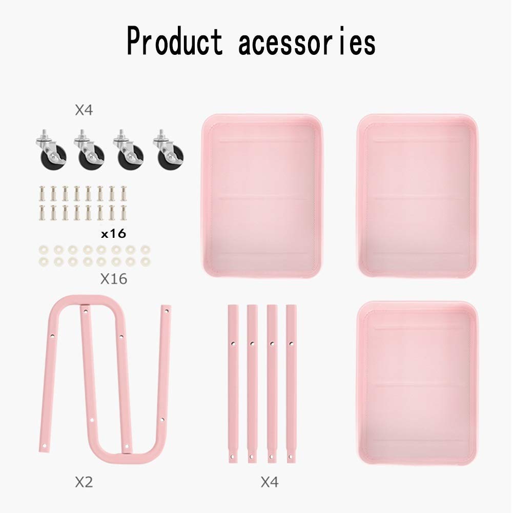 MTYLX Trolley,Cart,Household Multi-Layer Trolleys,Cart Family Restaurant 3 Layers Plus Thick Side Handles Design 360 Degrees Swivel Castors Easy to Clean, 3 Colors,Pink,40X28X74Cm