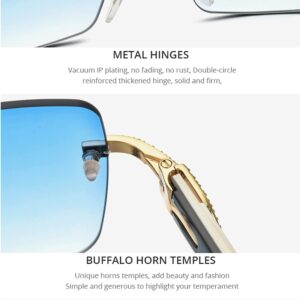 HEPIDEM 100% Really Buffalo Horn Sunglasses for Men Rimless Square Diamonds Buffs Sun Glasses 0015 (Diamond Black Blue)